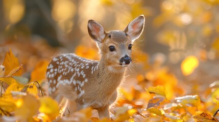 Wall Mural - a young fawn stands amidst vibrant autumn leaves in a sunlit forest, exploring its surroundings with