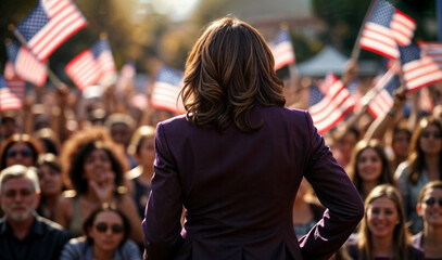 Female presidential candidate delivering a speech at a rally. Democrat female politician stands tall in front of a sea of supporters with american flags at rally. 