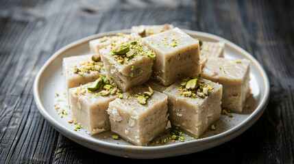 Canvas Print - Plate of delectable indian barfi sweet dessert squares adorned with crushed pistachios, waiting to be savored