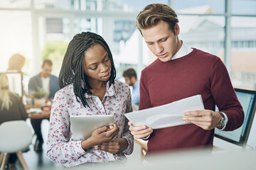 Aufkleber - Collaboration, documents and planning with web development people in office for social media analytics. Conversation, data and tablet with business team in workplace for information discussion