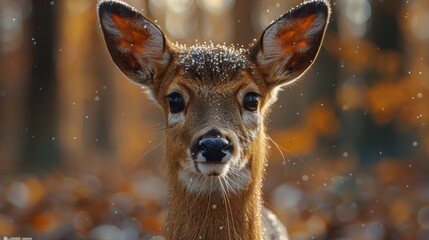 Wall Mural - A young deer stands in a forest during autumn, surrounded by fallen leaves and lightly falling snow on a tranquil afternoon