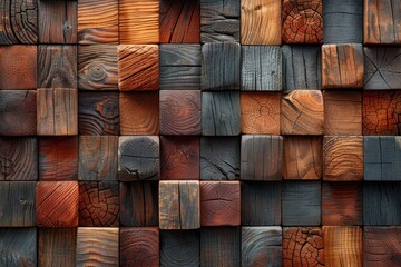 Wall Mural - Peach Fuzz Geometric Abstraction on Wooden Cubes Texture Wall - Panoramic Background