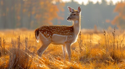 Wall Mural - a young deer stands gracefully in a sunlit meadow during autumn, displaying its beautiful spotted co
