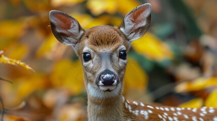 Wall Mural - Young deer stands amidst vibrant fall foliage in a forest during autumn, showcasing its delicate features against a backdrop of golden leaves