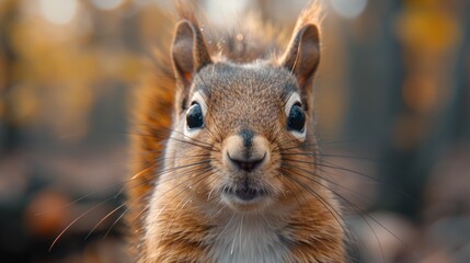 Wall Mural - a curious squirrel gazes at the camera amidst vibrant autumn foliage in a serene forest during early