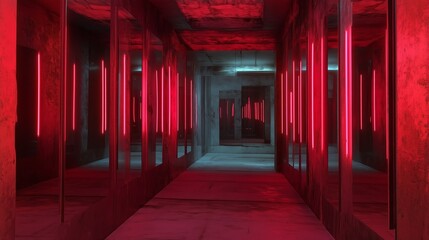 Poster - Red illuminated corridor with mirrors in an industrial space