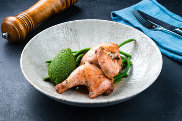 Poster - Fried quail with green beans and spinach puree.