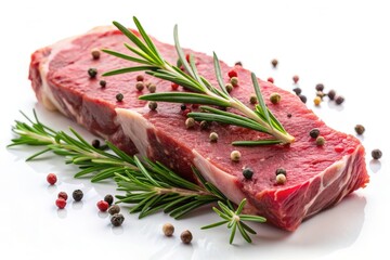 Wall Mural - Juicy raw striploin beef steak seasoned with fragrant rosemary and peppercorns, laid out on a clean white background, awaiting culinary transformation.