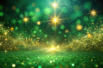 Poster - Luxuriant green background adorned with a whimsical explosion of gold dust particles, shimmering with radiant bokeh, evoking a mesmerizing celestial galaxy of pure magic.