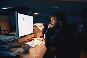 Poster - Man, programmer and night with computer, thinking and stress for glitch, screen and coding error. Person, developer and pc with monitor, reading and information technology with problem solving on web