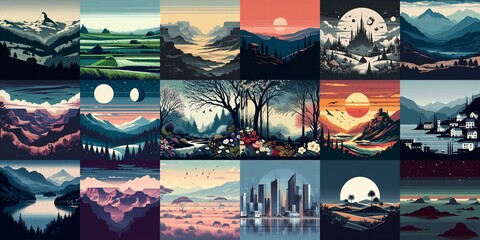 Wall Mural - Landscape in minimalistic style. AI generated illustration