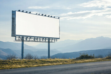 Empty outdoor advertising billboard set against a picturesque mountain landscape during sunrise