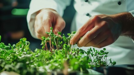 chef takes microgreens with his hands close-up to add to different dishes in a restaurant.Healthy eating concept, culinary trend