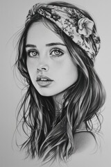 Canvas Print - Pencil drawing of a woman with long hair and a headband. She has a serious expression and big eyes.