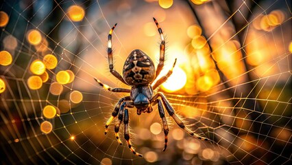 Macro shot of a spider suspended in its intricate web nest, against a blurred, ominous afternoon sky with a warm, golden bokeh effect.
