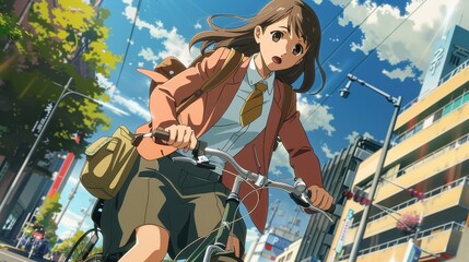 A determined anime businesswoman rides her bicycle, navigating the vibrant city streets under clear blue skies