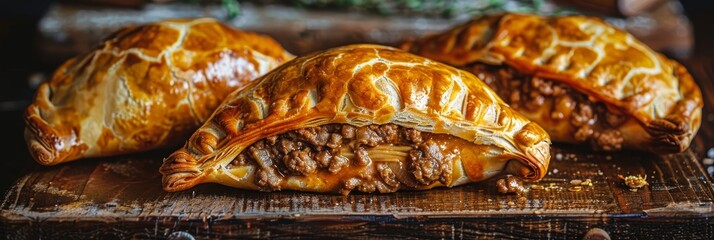 Three Delicious Pastries Filled with Savory Ground Beef Filling on Rustic Wooden Surface