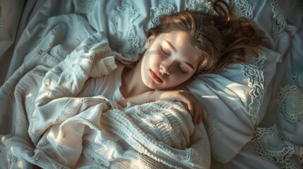 Poster - Wrapped in a soft blanket, a woman enjoys a peaceful slumber, illuminated by gentle morning light filtering through the window, creating a calming atmosphere