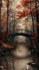 Poster - Autumn Forest Bridge - Tranquil Nature Scene