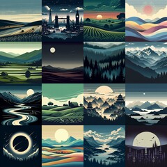 Wall Mural - Landscape in minimalistic style. AI generated illustration