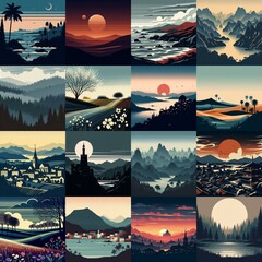 Wall Mural - Landscape in minimalistic style. AI generated illustration