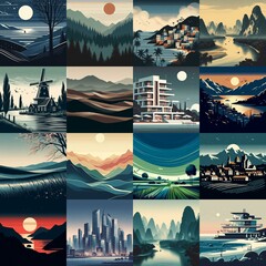 Wall Mural - Landscape in minimalistic style. AI generated illustration