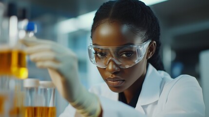 Poster - scientist examines liquid samples in lab during day