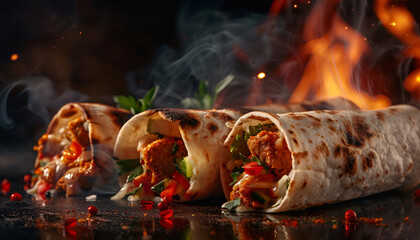 Poster - Delicious spicy fried Burritos wraps with burning fire on dark background