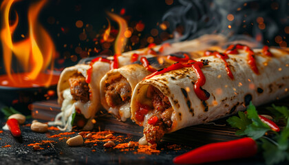 Poster - Delicious spicy fried Burritos wraps with burning fire on dark background