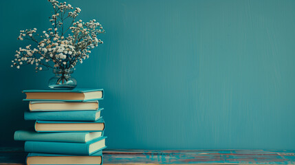 Bouquet of white flowers on top of a stack of books against an empty green-painted background