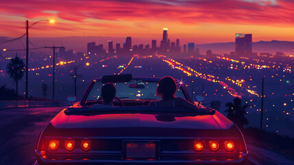 A couple is driving in a convertible car at night