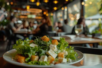 A vibrant salad bursting with fresh ingredients in a cozy restaurant during dinner time