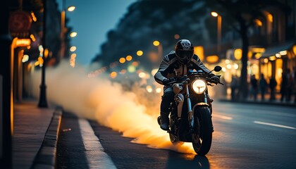 On the street at night, a rider stepped on the accelerator on a motorcycle. Smoke filled the sky and an exciting moment.