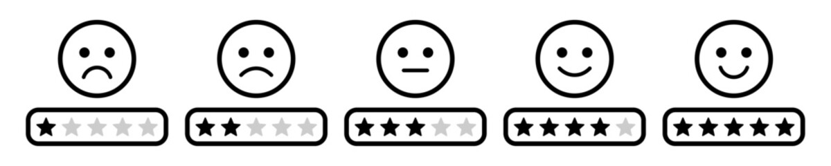 Aufkleber - Rating emoji set with stars for customer feedback and product experience in black and white color. Five-star rating emoji icon set. Emoji feedback scale with stars line icon. Rating emoji vector set.
