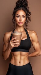 Wall Mural - Attractive sporty woman drinks chocolate protein milkshake after fitness training