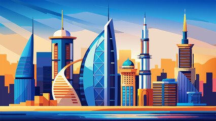 dubai buildings primary colors are blue and sky blue secondary colors are orange and yellow, vector