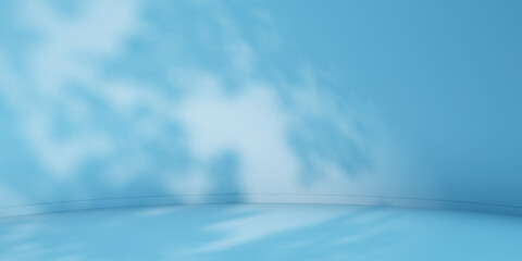 Poster - Blue minimalist curved studio for product presentation. Empty room with shadows of tree leaves. 3d room background with copy space. 3d render illustration
