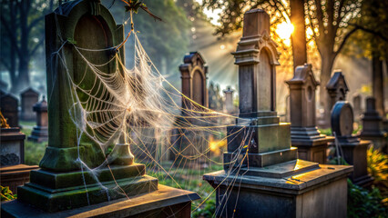 Graveyard Tombstone with Cobwebs and Dead Trees in Eerie Halloween Setting