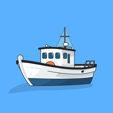 Cute cartoon-style drawing of fishing boat with a solid background. Vector illustration of boat.