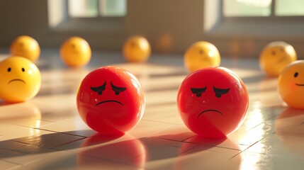 Sad and angry red emoji balls sitting among a group of yellow happy emojis, set against a background of cubes and a tiled floor, with beautiful sunlight streaming through window glass.