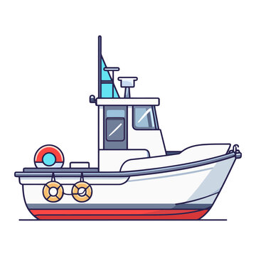 Cute cartoon-style drawing of fishing boat with a solid background. Vector illustration of boat.