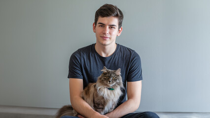 A young man sitting with a relaxed expression, holding a fluffy cat on his lap, portraying a calm and affectionate bond between pet and owner.