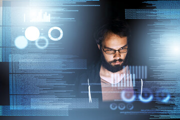 Poster - Businessman, data and night with overlay in coding for future analytics, statistics or dashboard at office. Young male person or programmer working late on technology in graph analysis or programming