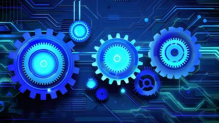 Futuristic blue gears on a digital circuit background, symbolizing technology, innovation, and mechanical engineering concepts.