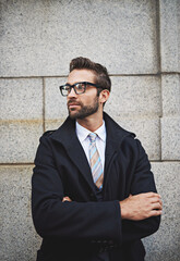 Sticker - Thinking, business and man in city, arms crossed and commute with fashion, solution and idea. Person, employee or consultant with glasses for clear vision, calm or professional with corporate clothes