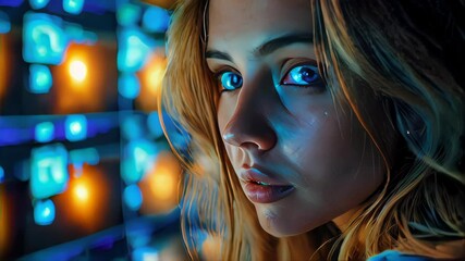 Poster - Close-up of a woman looking at a futuristic digital interface with glowing graphics and data on a blurred blue background. Concept of technology and innovation