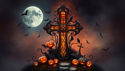 A gothic, ornate cross with glowing jack-o-lantern faces, bats, crows, and a full moon in the night sky.