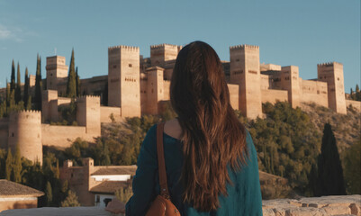 A woman stands in front of the Alhambra, a historical fortress in Granada, Spain