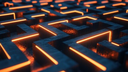 Poster - A 3D Abstract Maze with Glowing Orange Lines
