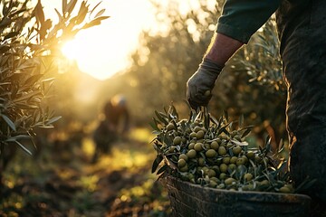 Wall Mural - Farmer carefully picks olives from a tree branch and adds them to a wooden crate full of olives, bathed in the golden light of sunset